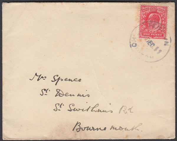 76437 - DEVON. 1911 envelope to Bournemouth with KEDVII 1d...