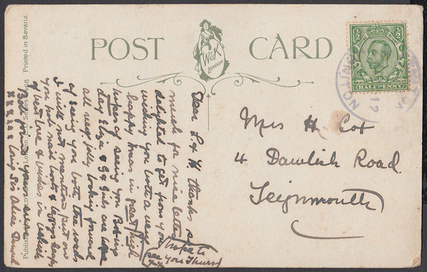 76438 - DEVON. 1912 post card to Teignmouth with KGV ½d Do...