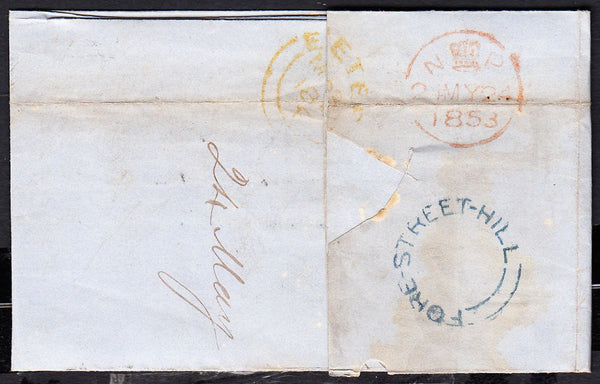 76502 - 1853 DEVON/'FORE-STREET-HILL' UDC/PL.142(JC)(SG8). Letter Exeter to Lon...