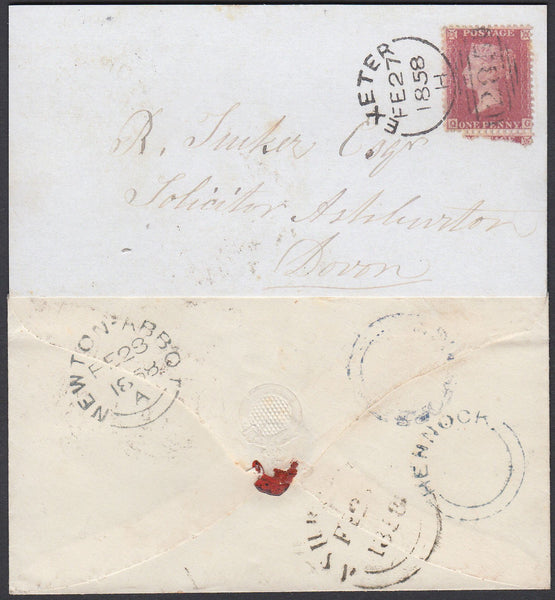 76514 - 1858 DEVON/'HENNOCK' AND 'DUNSFORD' UDC'S. Envelope Exeter to Devon SG40 lettered...