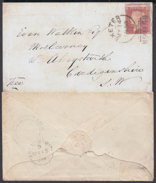 76516 - 1857/8 1D PERFORATION 16(SG36) ON COVER/'IDE' UDC(DEVON). Envelope Exeter to Aberystwith with di...