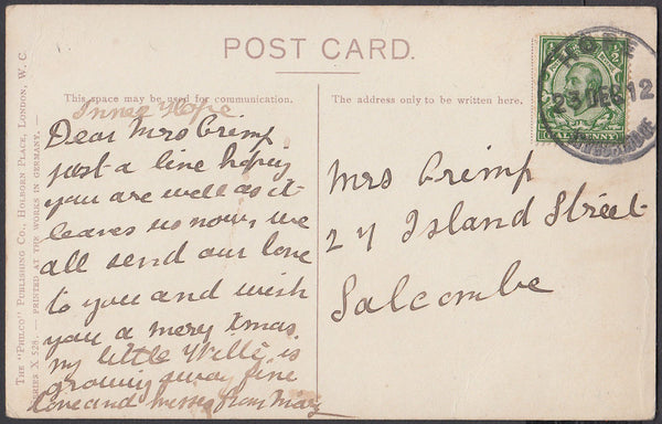 76546 - DEVON. 1912 post card to Salcombe with KGV ½d Down...