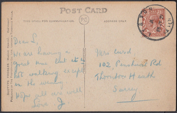 76659 - DEVON. 1921 post card of Lynmouth to Surrey with K...