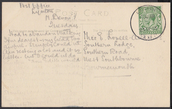 76662 - DEVON. 1913 post card Lynton to Bournemouth with K...