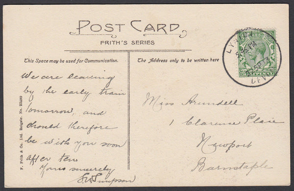 76663 - DEVON. 1913 post card Lynton to Barnstaple with KG...
