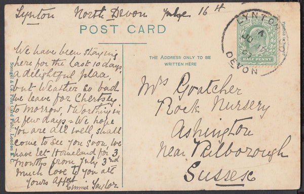 76665 - DEVON. 1907 post card of Lynmouth to Sussex (sligh...
