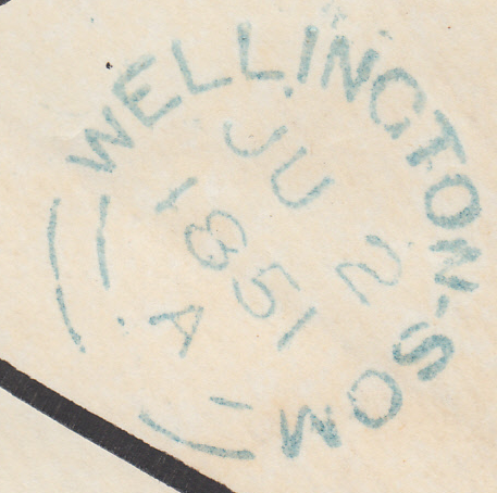 76677 PALE BLUE '860' NUMERAL OF WELLINGTON (SOMS.) ON 1851 MOURNING ENVELOPE  (SPEC B1xb)/'HOLCOMB-ROGUS' UDC.
