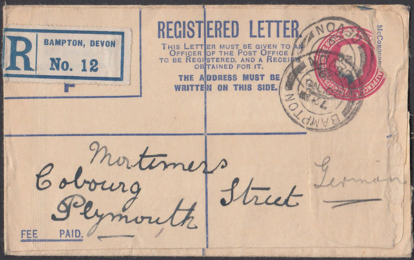 76699 - DEVON. 1929 KGV 4½d carmine registered envelope Ba...