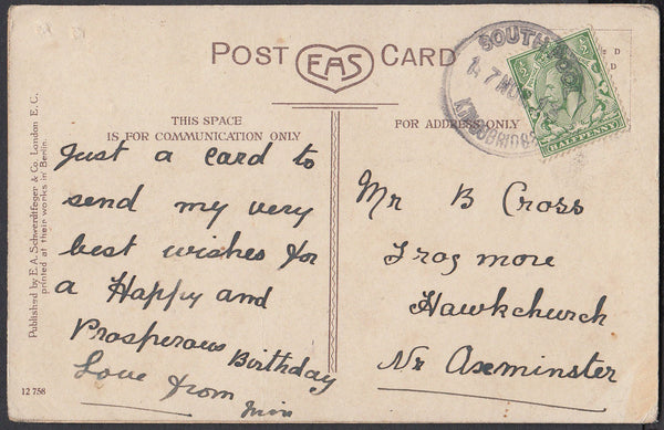 76714 - DEVON. 1913 post card to Axminster with KGV ½d can...