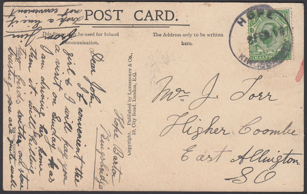 76725 - DEVON. 1912 post card to East Allington with KGV ½...