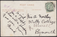 76750 - DEVON. 1909 post card to Plymouth with KEDVII ½d c...