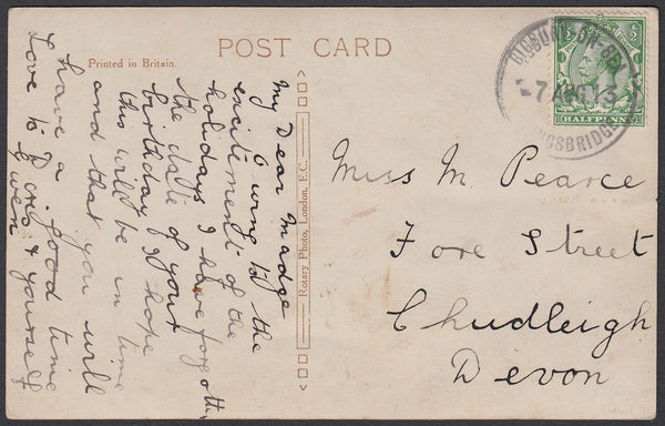76801 - DEVON. 1913 post card to Chudleigh with KGV ½d can...