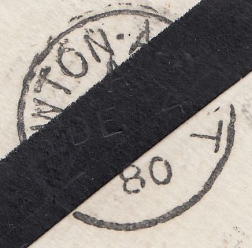 76834 - 'B82' 3VOS NUMERAL OF MOUNTS (DEVON) ON MOURNING ENVELOPE TO BOVEY TRACEY.