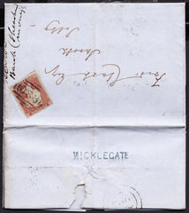 77016 - YORKSHIRE 'MICKLEGATE' STRAIGHT LINE HAND STAMP (YORK)/PL.173 (NC)(SG8) STATE ONE. 1854 entire...