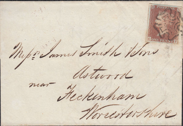77326 - 1841 1D RED PLATE TWO (SG7)(CF) ON COVER EDINBURGH TO WORCESTERSHIRE.