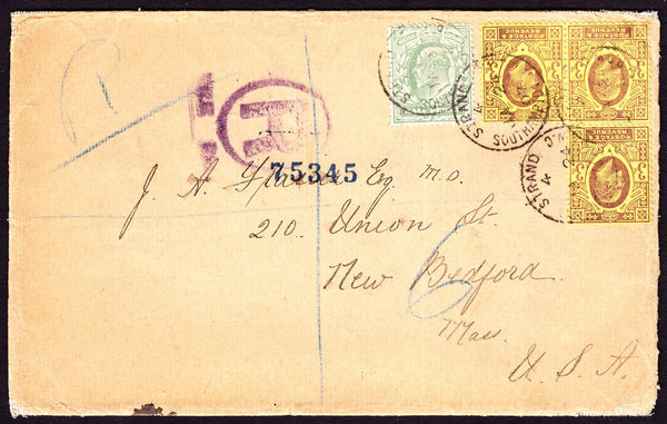 77368 - 1907 REGISTERED MAIL LONDON TO USA/3 x 3D UNUSUAL FRANKING. Envelope sent registered mail London to New B...