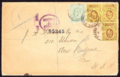 77368 - 1907 REGISTERED MAIL LONDON TO USA/3 x 3D UNUSUAL FRANKING. Envelope sent registered mail London to New B...