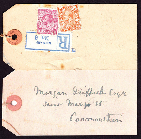 77382 - KGV PARCEL TAG. Undated tag addressed to Carmarthe...