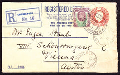77387 - 1912 REGISTERED MAIL CRICKLEWOOD TO AUSTRIA/MIXED REIGNS. KGV 3d red-brown registered envelope Cricklewood to Vie...