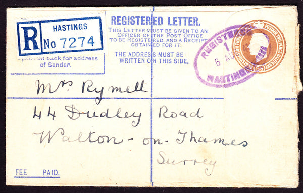 77481 - 1941 REGISTERED MAIL HASTINGS TO WALTON ON THAMES/PURPLE DATE STAMP. KGVI 5½d Bistre regis...