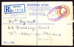 77481 - 1941 REGISTERED MAIL HASTINGS TO WALTON ON THAMES/PURPLE DATE STAMP. KGVI 5½d Bistre regis...