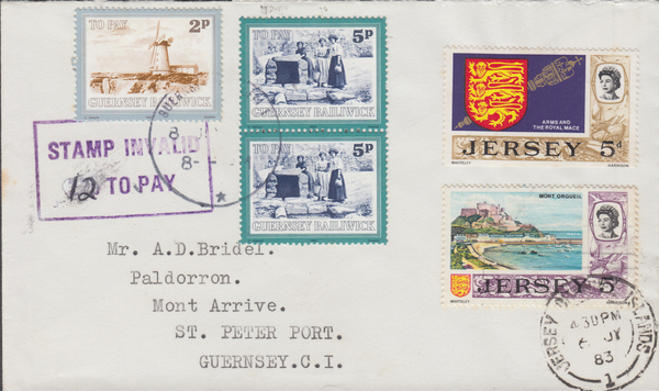 77602 - 1983 UNDERPAID MAIL JERSEY TO GUERNSEY/MIXED DECIMAL AND PRE DECIMAL ISSUES. Envelope Jersey to Guernsey with Jersey 5p an...