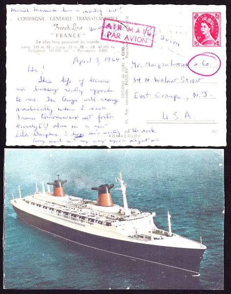 77687 - 1964 post card of "S.S.FRANCE" to USA with 8d Wild...
