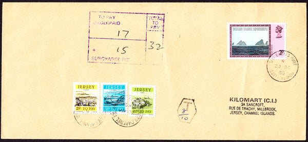 77717 - 1985 UNDERPAID MAIL FALKLAND ISLES TO JERSEY. Large envelope (228x103) South Georgia to Jersey with 2p Falk...