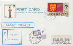 77727 - 1976 UNDERPAID MAIL USED IN JERSEY. Post card to St. Helier with 4½p definitive (SG49a)