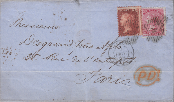 77772 - SG62 USED ON COVER/1856 MAIL LONDON TO PARIS/LATE FEE. 1856 wrapper London t...