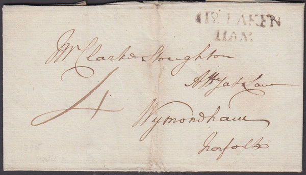 77929 1797 NORFOLK/'112 FAKENHAM 'FIRST TYPE MILEAGE MARK (NK142). Letter Fakenhamenham to Wymondham dated 1...