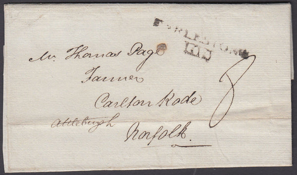 77948 - 1820 LETTER HARLESTONE TO ATTLEBURGH WITH 'HARLESTONE 100' MILEAGE MARK (NK166b).