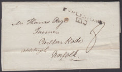 77948 - 1820 LETTER HARLESTONE TO ATTLEBURGH WITH 'HARLESTONE 100' MILEAGE MARK (NK166b).