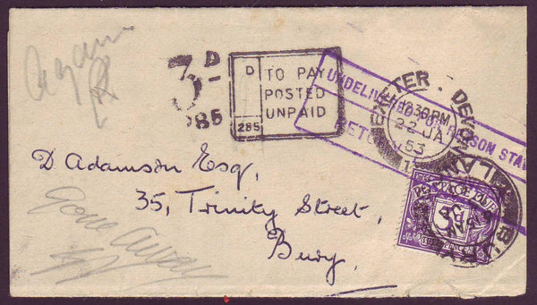 78577 - 1953 UNPAID MAIL. Newspaper wrapper from "WEST OF ENGLAND STAMP...