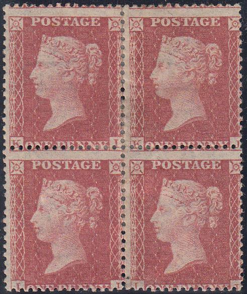 79085  1860 DIE TWO 1D PL.63 ROSE-RED ON WHITE PAPER (SG40) (KI KJ LI LJ) MINT BLOCK OF FOUR.