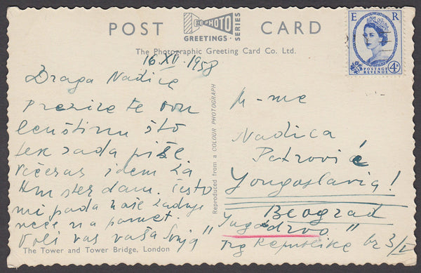 79200 - 1958 MAIL TO YUGOSLAVIA. Postcard from London with...