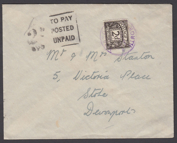 79404 CIRCA 1920 UNPAID MAIL TO DEVONPORT, DEVON WITH BOXED '2D/620/TO PAY POSTED UNPAID' CHARGEMARK AND 2D POSTAGE DUE.