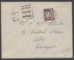 79404 CIRCA 1920 UNPAID MAIL TO DEVONPORT, DEVON WITH BOXED '2D/620/TO PAY POSTED UNPAID' CHARGEMARK AND 2D POSTAGE DUE.
