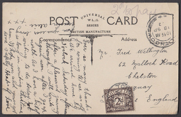 79412 - 1922 UNPAID MAIL LINLITHGOW TO TORQUAY. 1922 postcard Glasgow to Torqua...