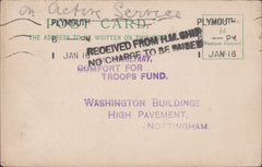 79414 1915/6 'ON ACTIVE SERVICES' UNPAID MAIL TO NOTTINGHAM WITH 'RECEIVED FROM H.M.SHIP/NO CHARGE TO BE RAISED' CACHET.
