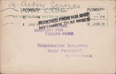79414 - 1915 UNPAID FORCES MAIL. Post card Devonport to Nottingham ms "O...