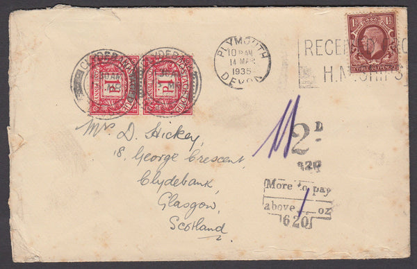 79420 - 1935 UNDERPAID MAIL PLYMOUTH TO GLASGOW. 1935 envelope (on reverse in...