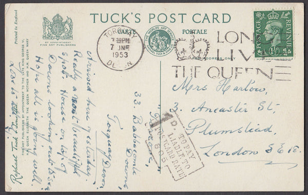 79431 - 1953 UNDERPAID MAIL/DEVON.  1953 postcard Torquay to Lon...