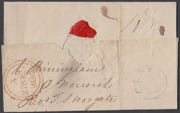 79557 - NORFOLK. 1836 large part wrapper Clay to London wi...