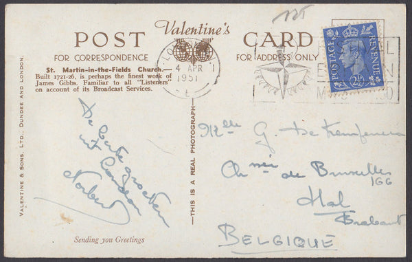 79645 - 1951 postcard London to Belgium with KGVI 2½d pale...
