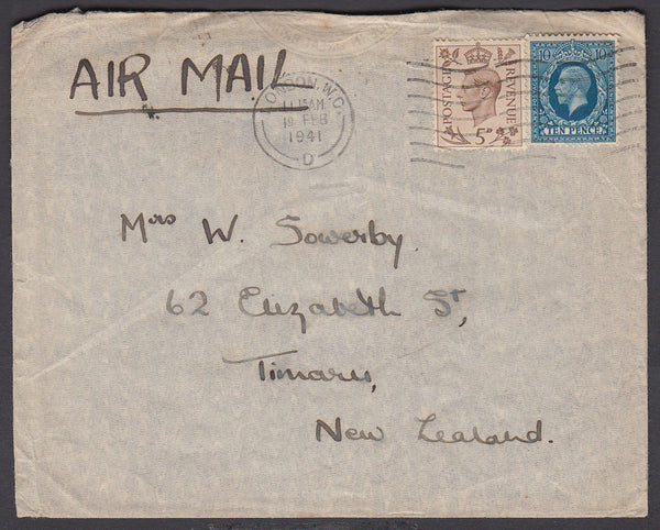 79646 - 1941 MAIL LONDON TO NEW ZEALAND. Envelope London to New Zealand with KGV 10d p...