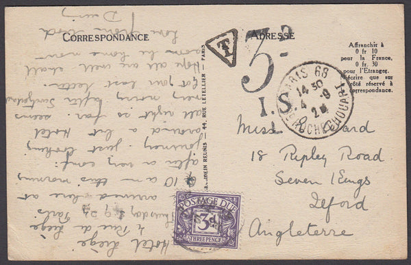 79806 - 1924 UNPAID MAIL FRANCE TO ILFORD. Postcard of Paris to Ilford with...