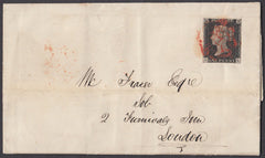 79960 - 1840 1D BLACK PL.2 (GL)SG2) ON LETTER WEYMOUTH TO LONDON.