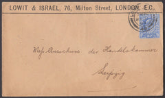 80034 - 1905 MAIL LONDON TO GERMANY. Envelope with printed imprin...