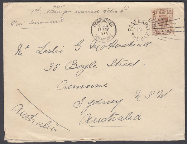 80191 - 1938 envelope Doncaster to Australia with KGVI 5d ...